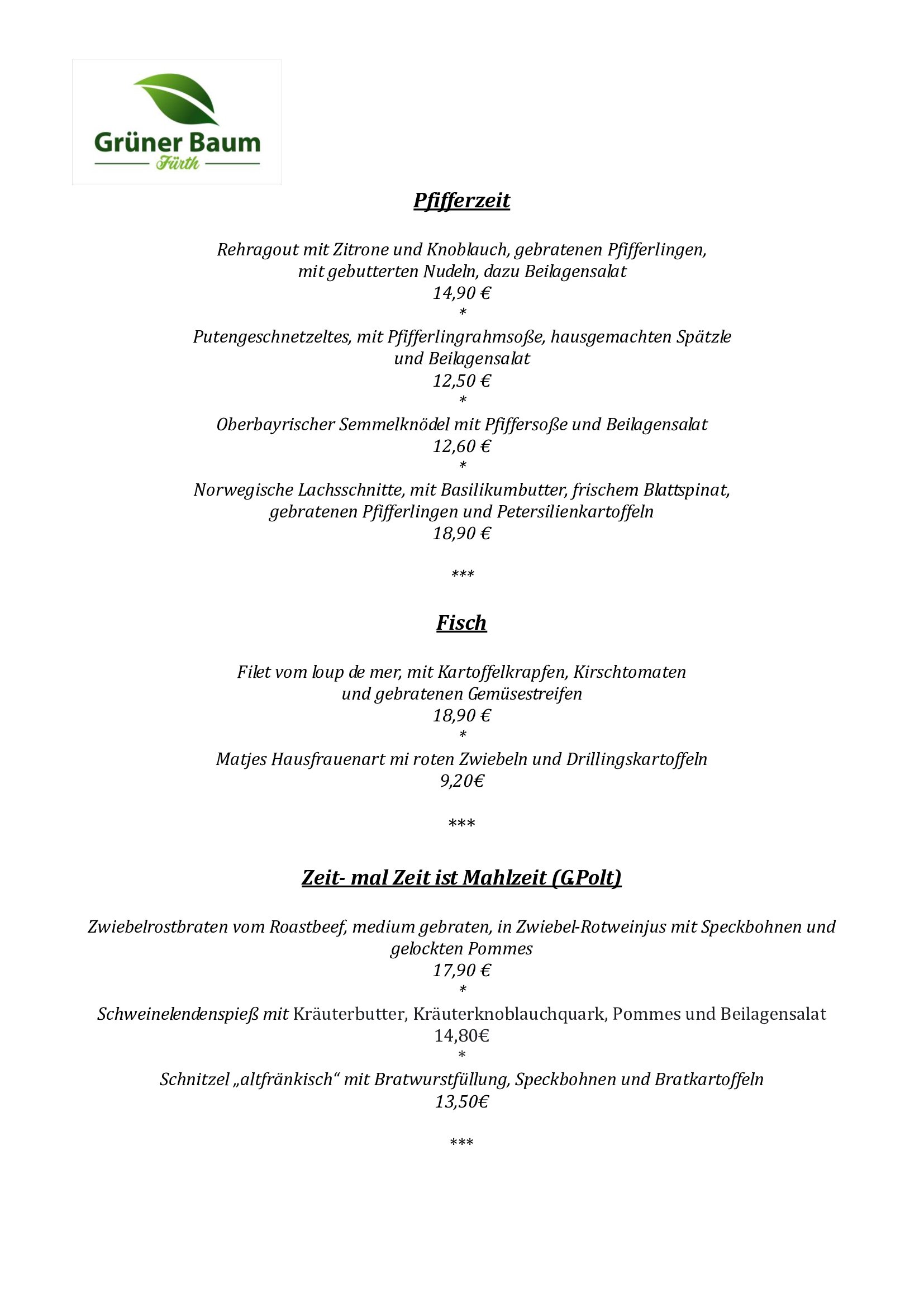 Speisekarte Grüner Baum Fürth