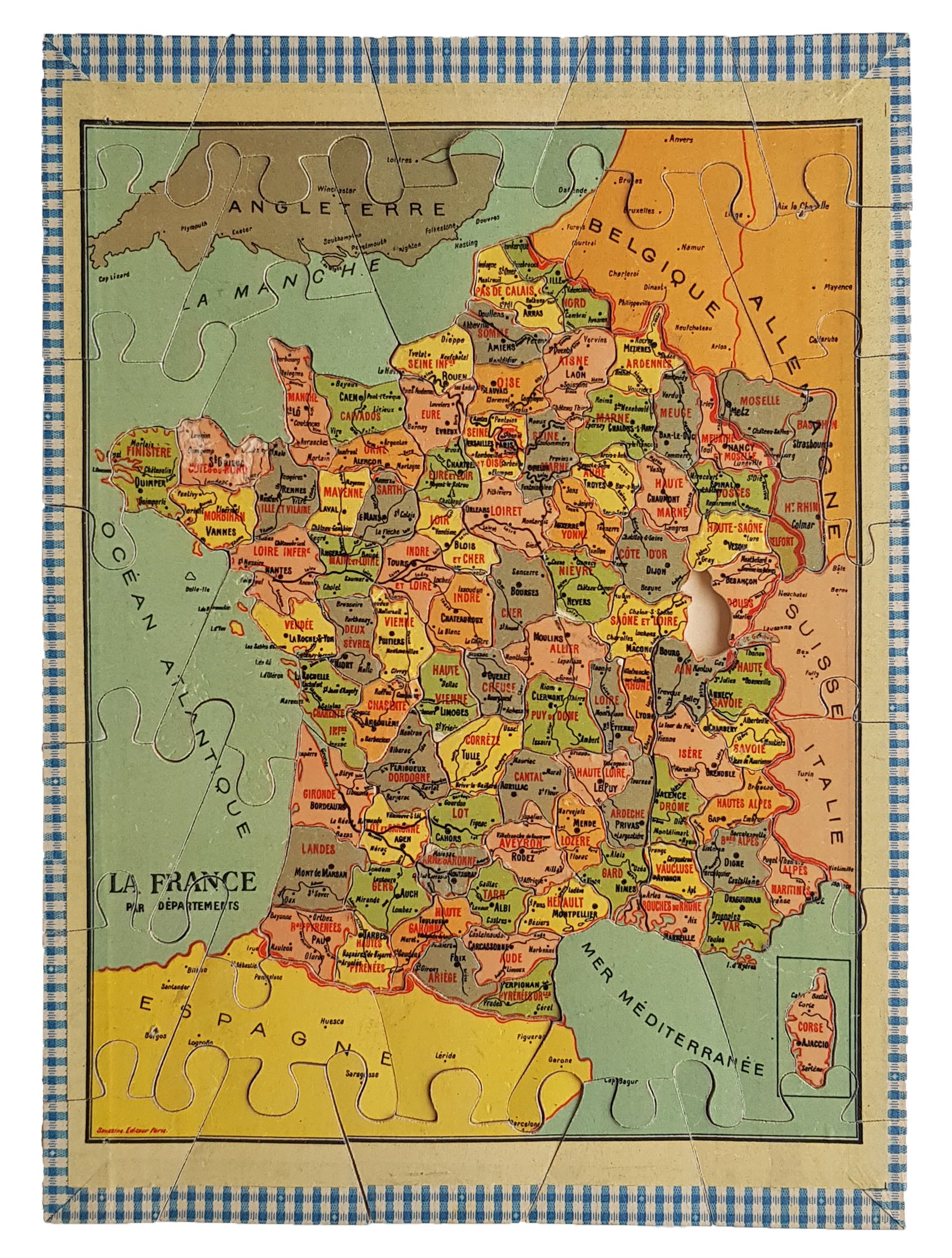 Atlas Géographique Léon Saussine – 3 Puzzles Anciens 1889 – France, Europe, Mappemonde – Boîte D'origine