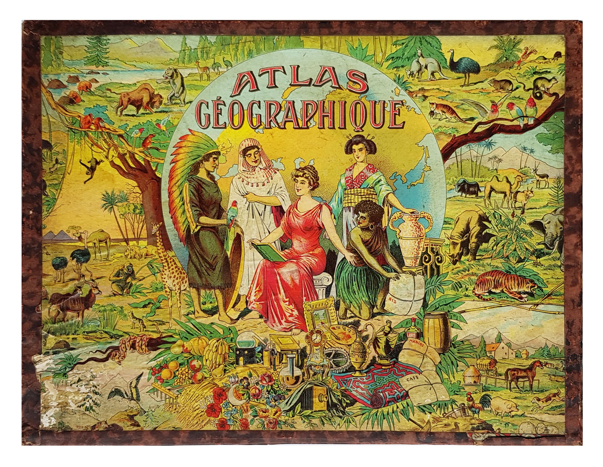 Atlas Géographique Léon Saussine – 3 Puzzles Anciens 1889 – France, Europe, Mappemonde – Boîte D'origine