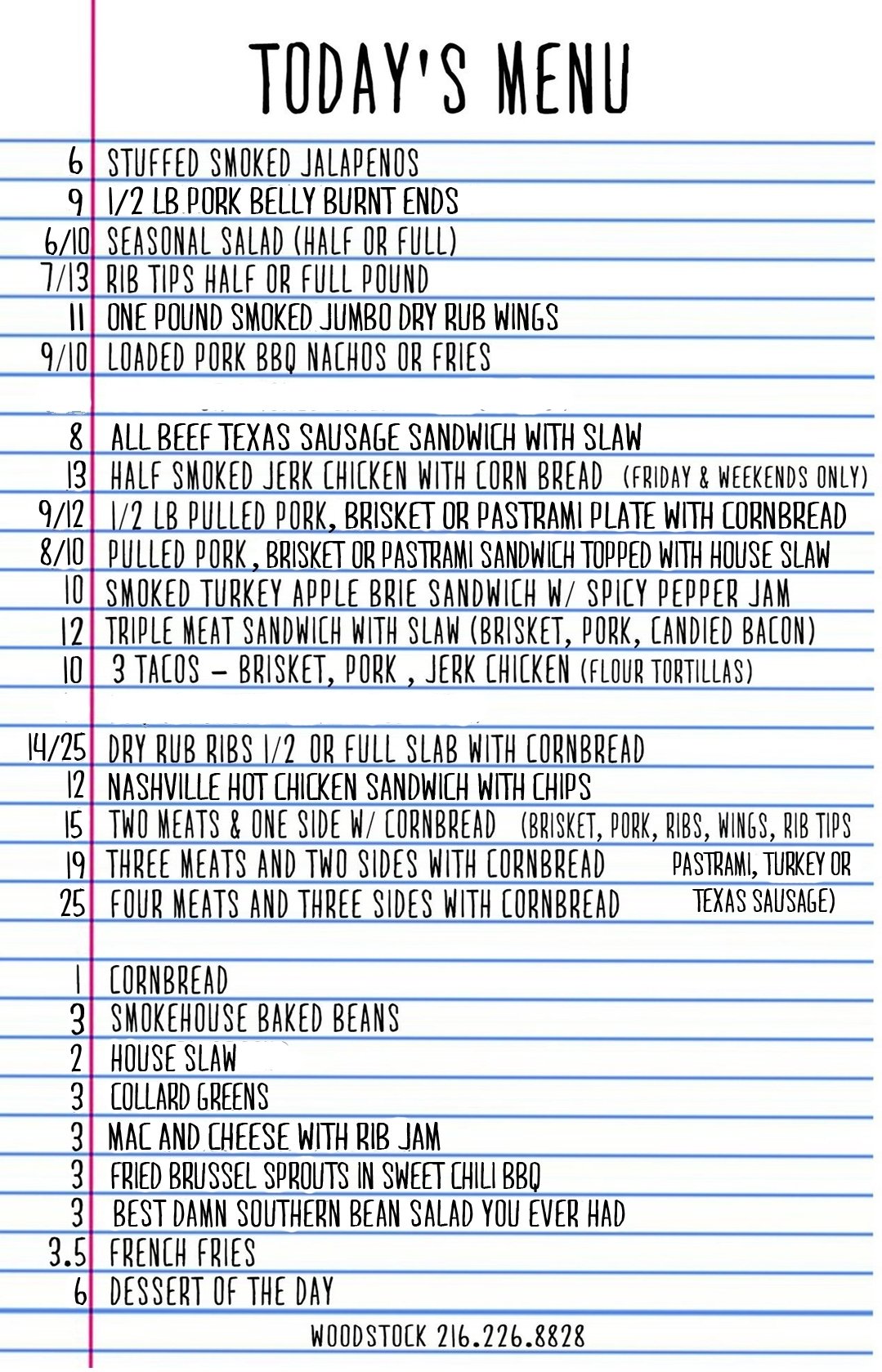Woodstock BBQ Menu