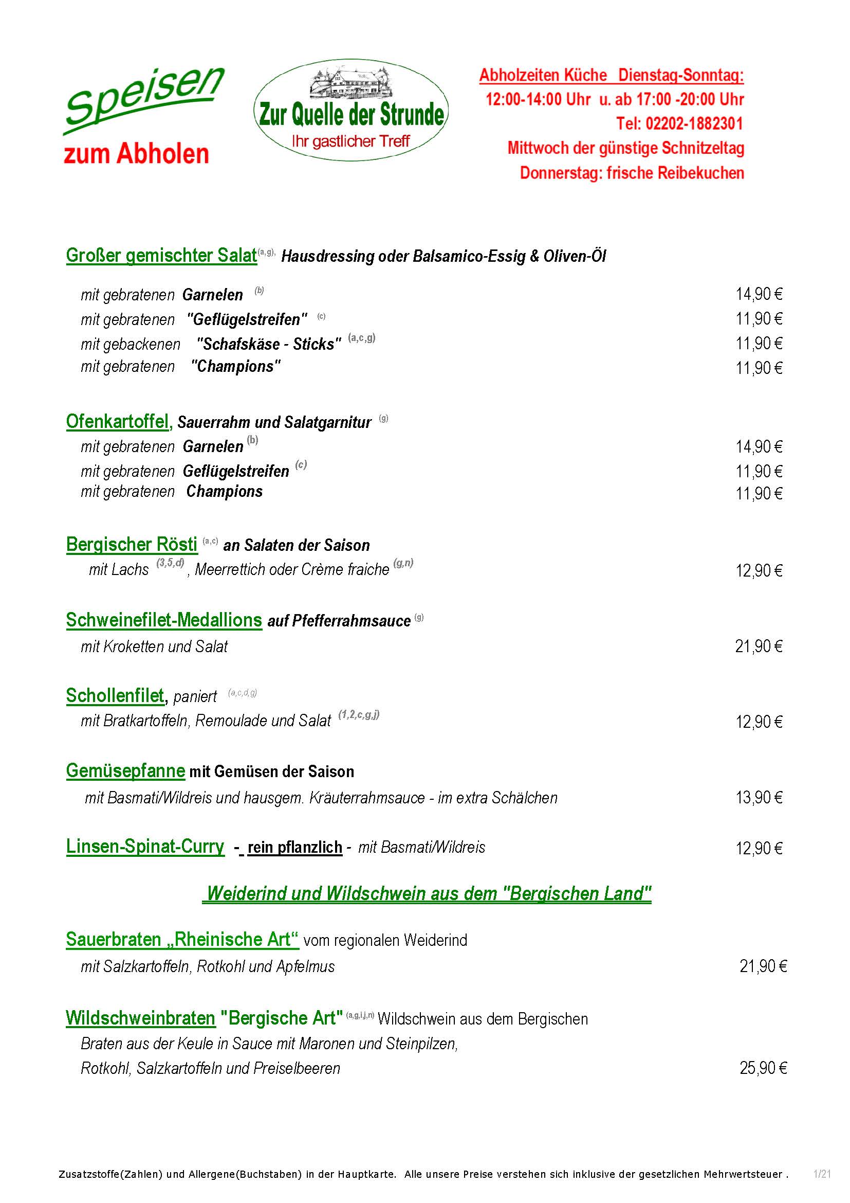 Gaststätte Zur Quelle der Strunde - Speisekarte