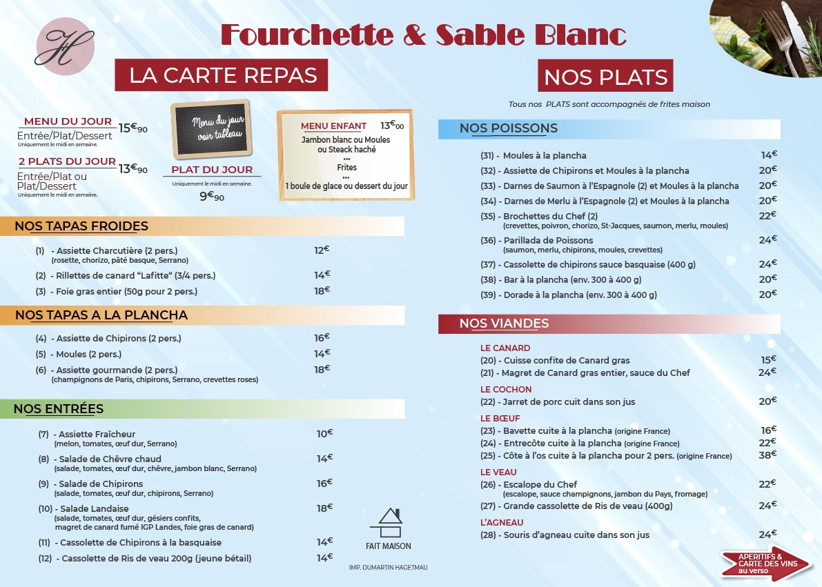 Menu Restaurant Spécialité Poisson Fourchette et Sable Blanc