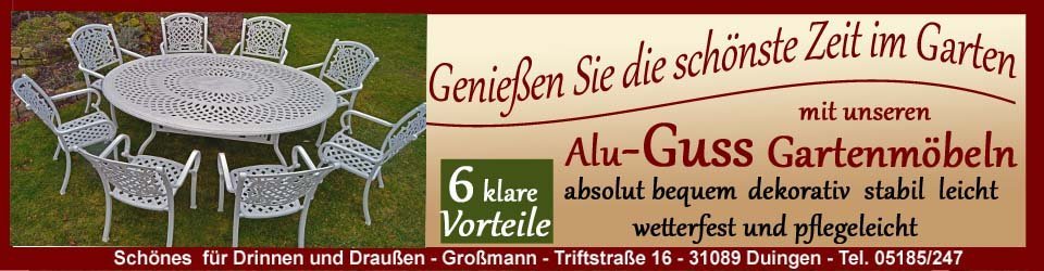 Weiße Aluguss Gartenmöbel haben Stil, sind wetterfest, bequem, leicht