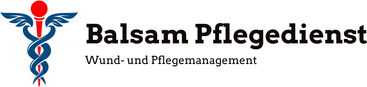 Balsam Pflegedienst logo with blue medical caduceus and red figure, “Wund- und Pflegemanagement” text