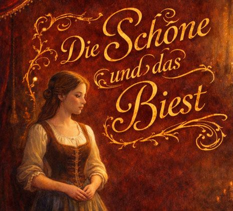 Eine Frau aus „Die Schöne und das Biest“ blickt nach unten, vor einem roten Hintergrund mit deutscher Überschrift.