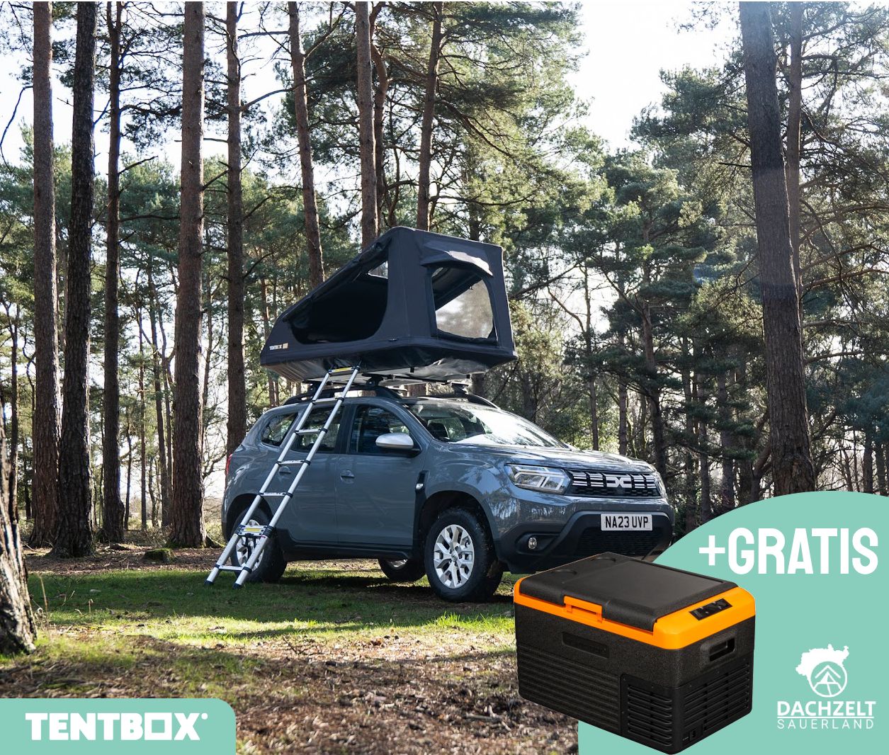 TentBox Classic Dachzelt auf einem weißen SUV, mit Preis- und Funktionssymbolen in der Produktliste