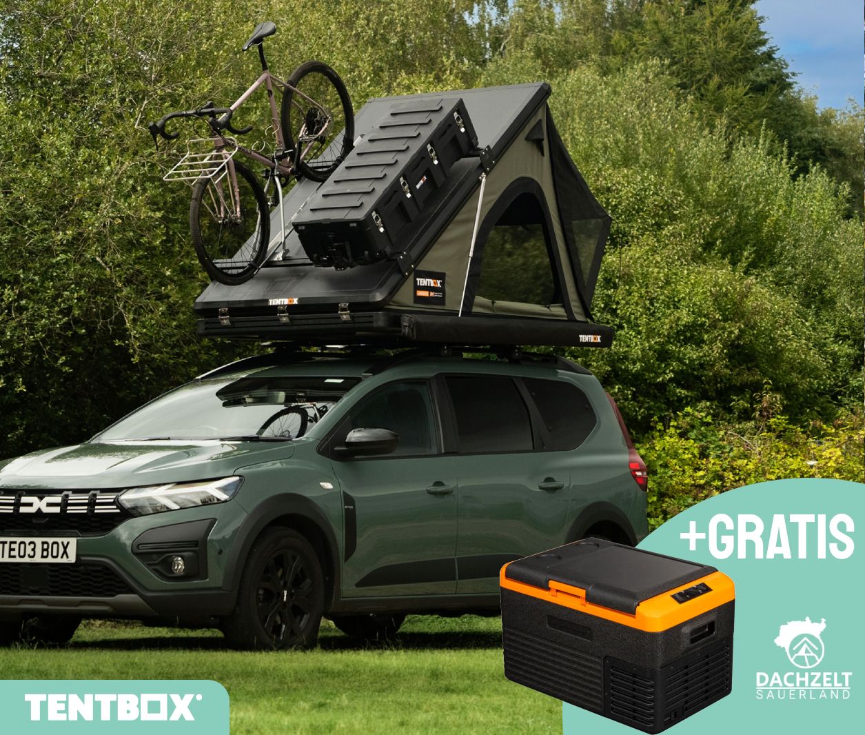 TentBox Lite XL Dachzelt in Schwarz und Orange, mit Preis- und Produktinformationen.