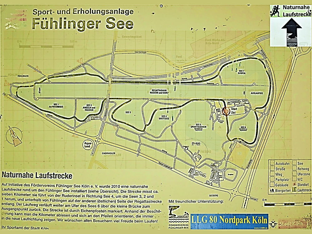 Im Jahr 2011 von der LLG 80 vermessene Strecke mit 7km Länge. Am Start steht dieses Schild. Ausgeschilderte Laufstrecke am Fühlinger See