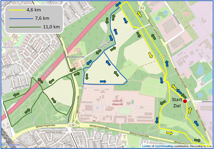 Südlich vom Fühlinger See sind diese drei Runden von der LLG 80 im Gelände markiert. Sie können beliebig kombiniert werden. Drei vermessene Lauftstrecken in Köln Nord.