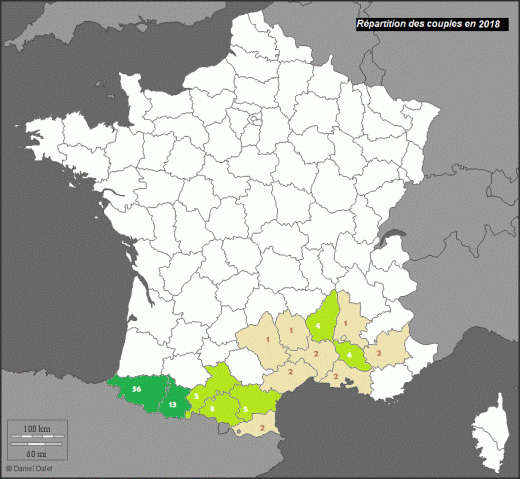 carte de répartition des couples de vautours percnoptère en France