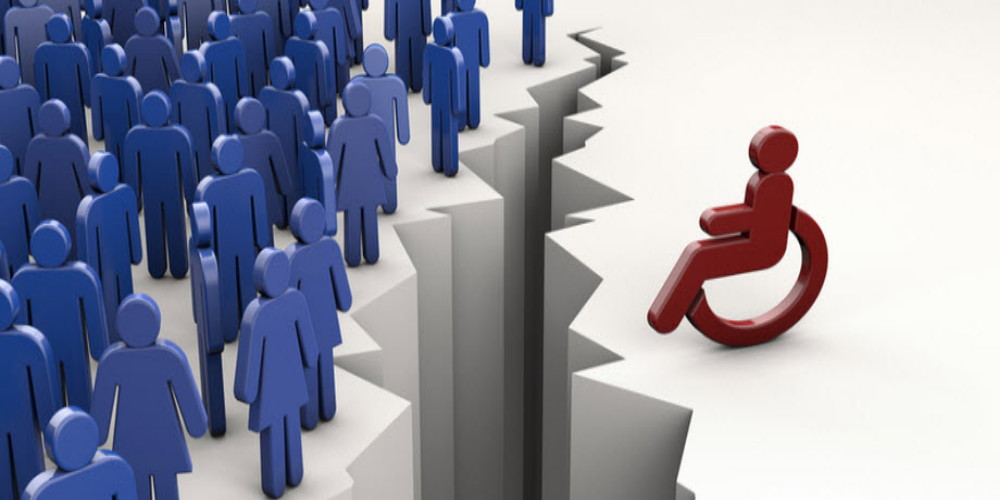 Graphic of crack in ground with single person in wheelchair at one side of the crack and representation of many people at other side symbolising discrimination and inequality
