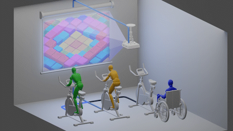 Three figures at exercise devices, one unable to use it.