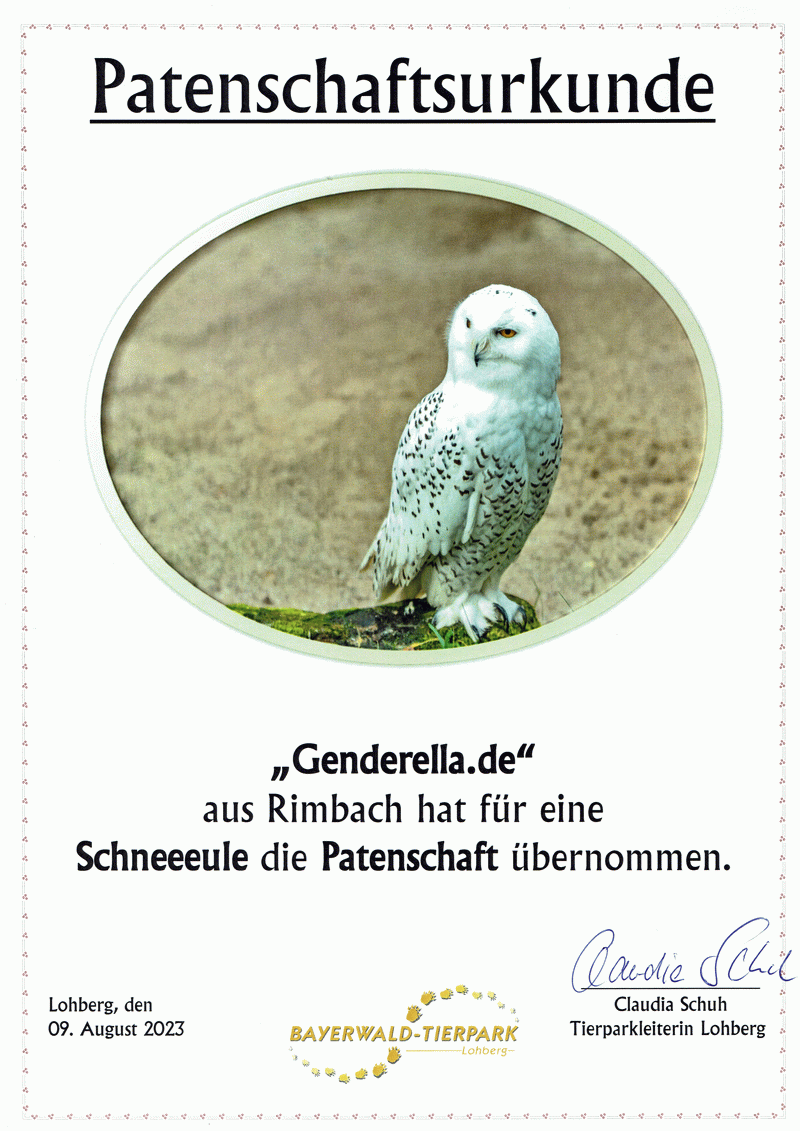 Urkunde für Genderella.de über Patenschaft einer Schneeeule beim Bayerwald Tierpark Lohberg