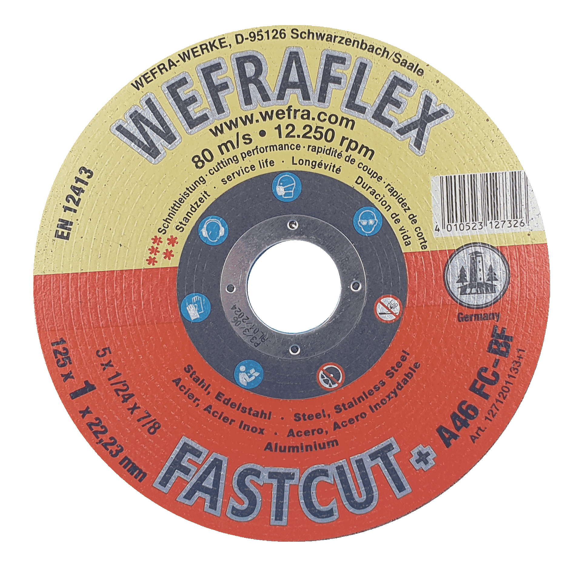 WEFRA FASTCUT A46FC plus - unsere superdünne, hart Schleifscheibe in der Spezialausführung, gefertigt mit Spezialkorund für schnelles und leichtes Trennen.
Einsatzgebiet
Stahl, Edelstahl, Aluminium, speziell dünne Bleche, Rohre und Profile, besonders für den Karosseriebau geeignet.