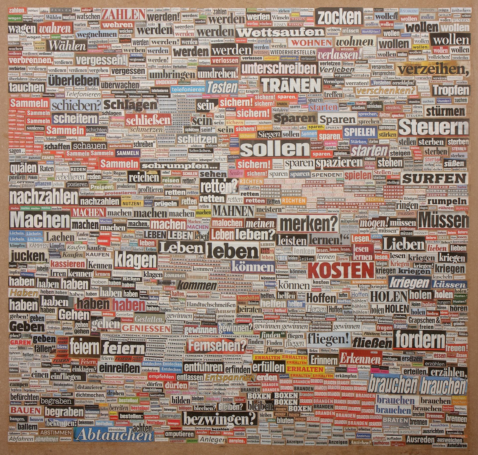 Die Infinitive eines Monats in der BILD. Große Zeitungscollage aus Verben eines Monats aus der BILD-Zeitung