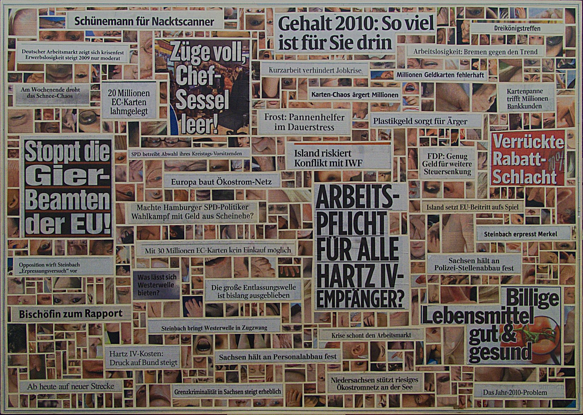 „Eyecatcher 42“ – Hauptschlagzeilen aus 42 deutschen Tageszeitungen vom 6.1.2010.