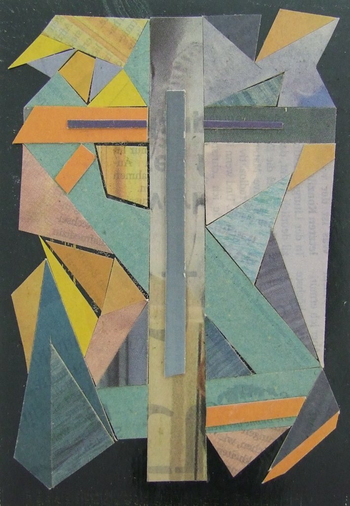 Kleine Kreuzcollage Nummer 56 von Carsten Schneider. Zeitungspapier, 15 x 10 cm.