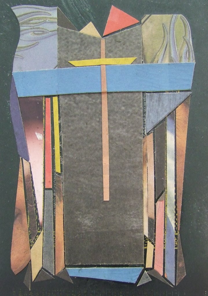 Kleine Kreuzcollage Nummer 59 von Carsten Schneider. Zeitungspapier, 15 x 10 cm.