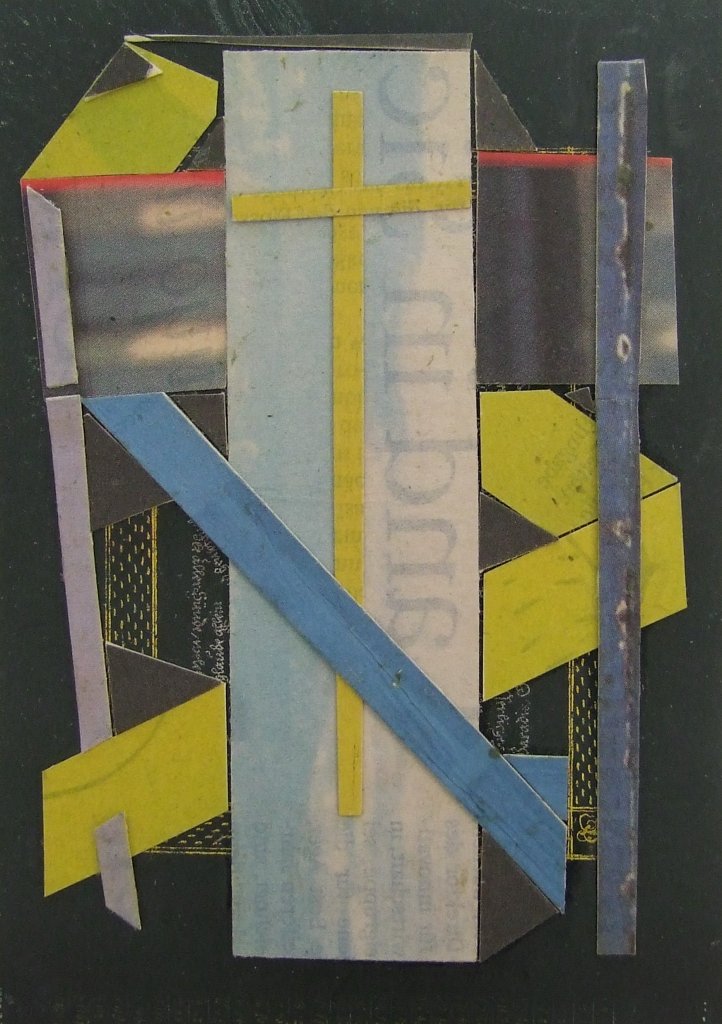 Kleine Kreuzcollage Nummer 62 von Carsten Schneider. Zeitungspapier, 15 x 10 cm.