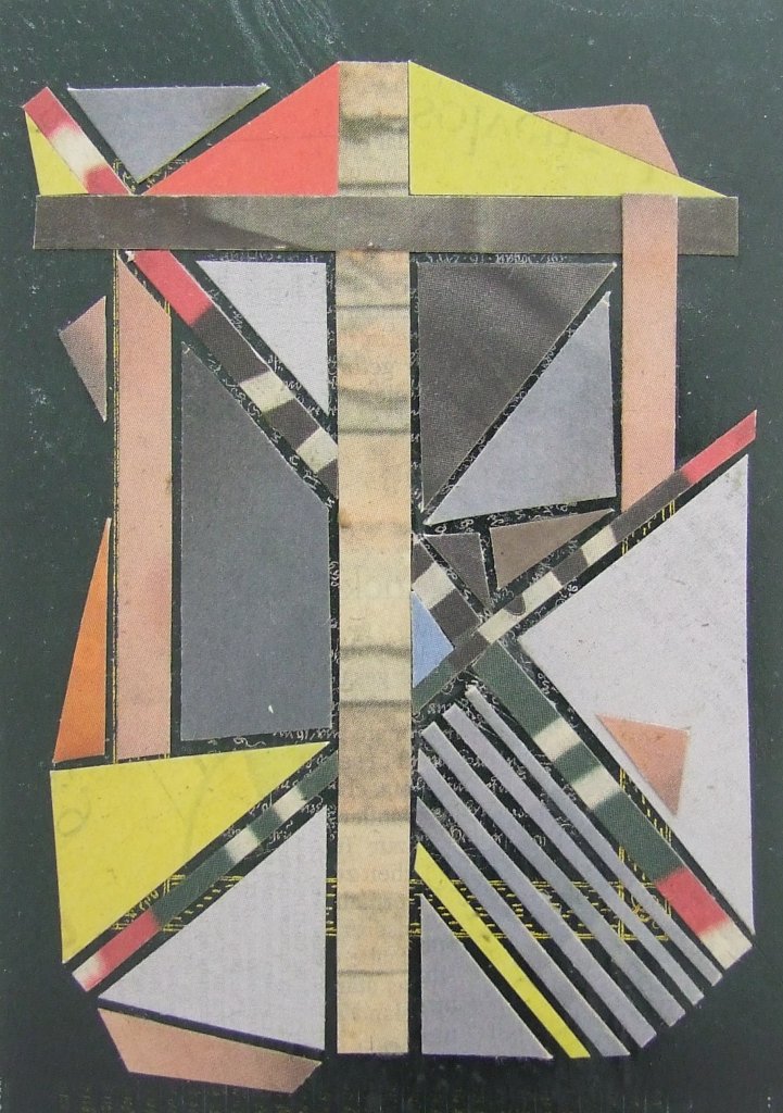 Kleine Kreuzcollage Nummer 63 von Carsten Schneider. Zeitungspapier, 15 x 10 cm.