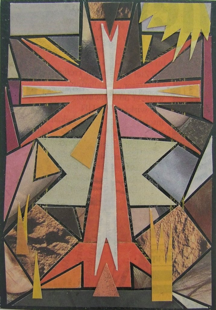 Kleine Kreuzcollage Nummer 67 von Carsten Schneider. Zeitungspapier, 15 x 10 cm.