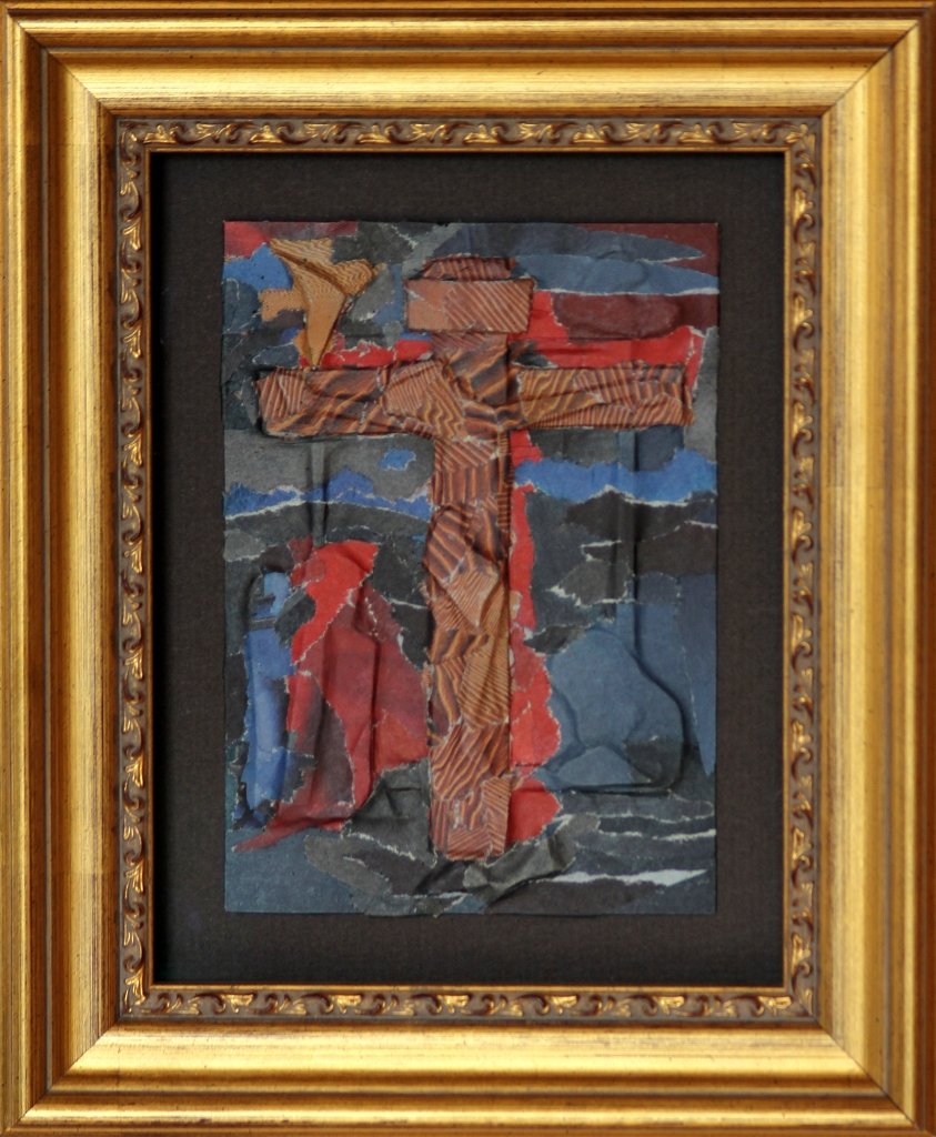 Kleine Kreuzcollage Nummer 71 von Carsten Schneider. Zeitungspapier, 15 x 10 cm.