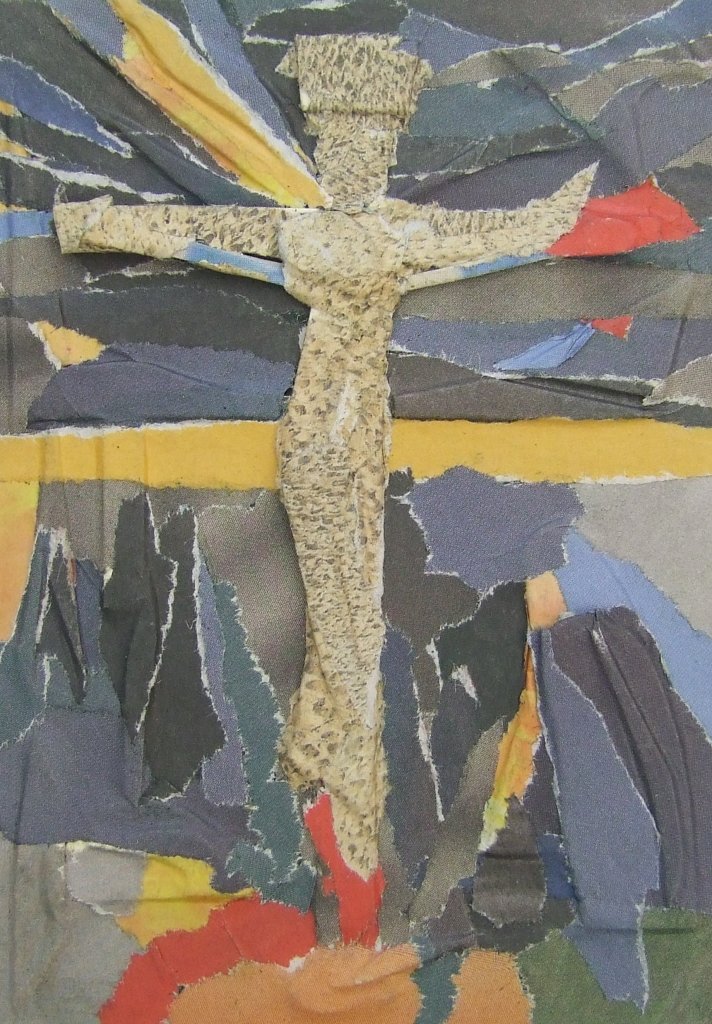 Kleine Kreuzcollage Nummer 72 von Carsten Schneider. Zeitungspapier, 15 x 10 cm.