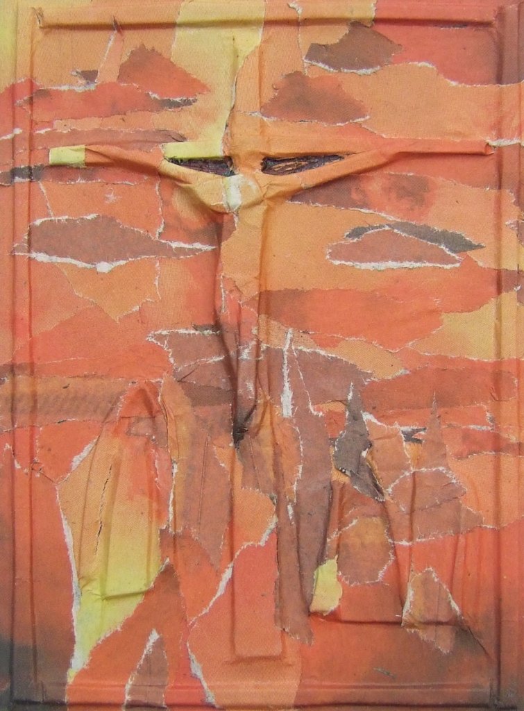 Kleine Kreuzcollage Nummer 77 von Carsten Schneider. 15 × 10 cm.