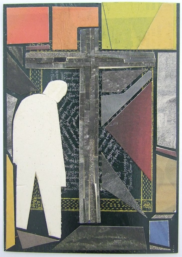 Kleine Kreuzcollage Nummer 87 von Carsten Schneider. 15 x 10 cm.