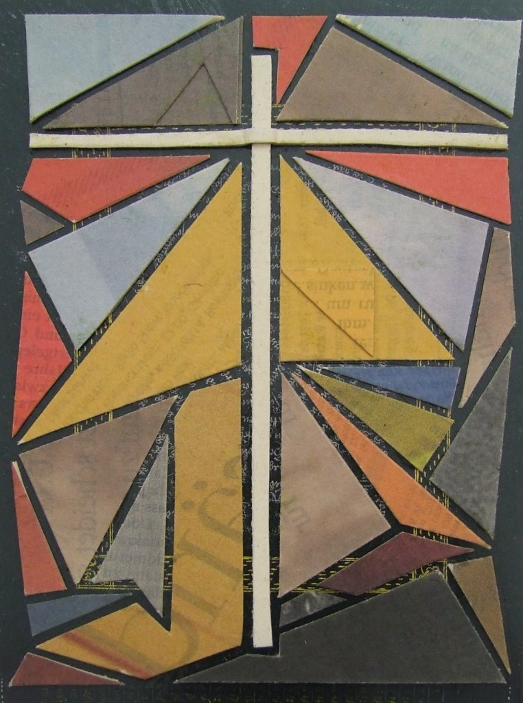 Kleine Kreuzcollage Nummer 89 von Carsten Schneider. 15 x 10 cm.