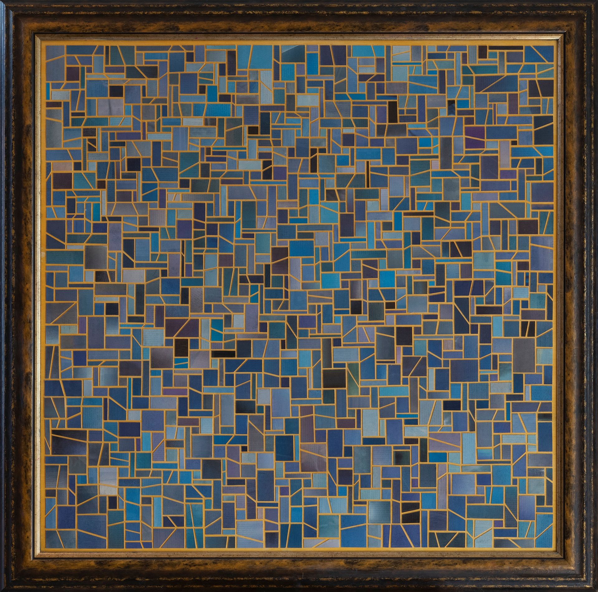 Blaue Farbflächen aus Zeitungspapier in quadratischem Rahmen 120 cm mal 120 cm von Carsten Schneider