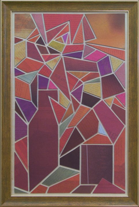 Schmale Hochformat-Collage mit Rot, Orange, Dreiecken und Vielecken.