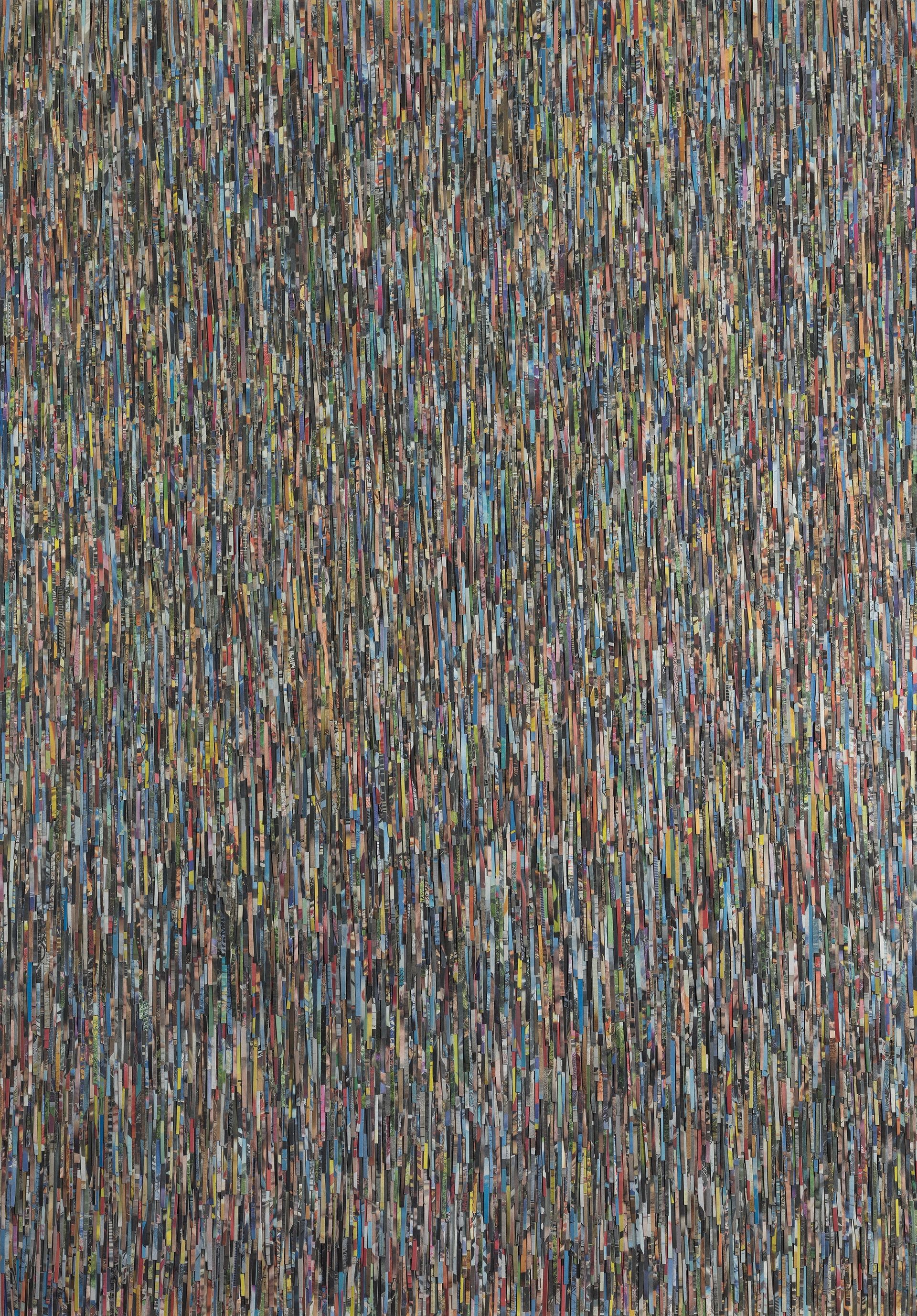 Buntes Weltfell – leuchtende Zeitungsfarben aus Die Welt bilden ein lebhaftes Fell aus Fragmenten.