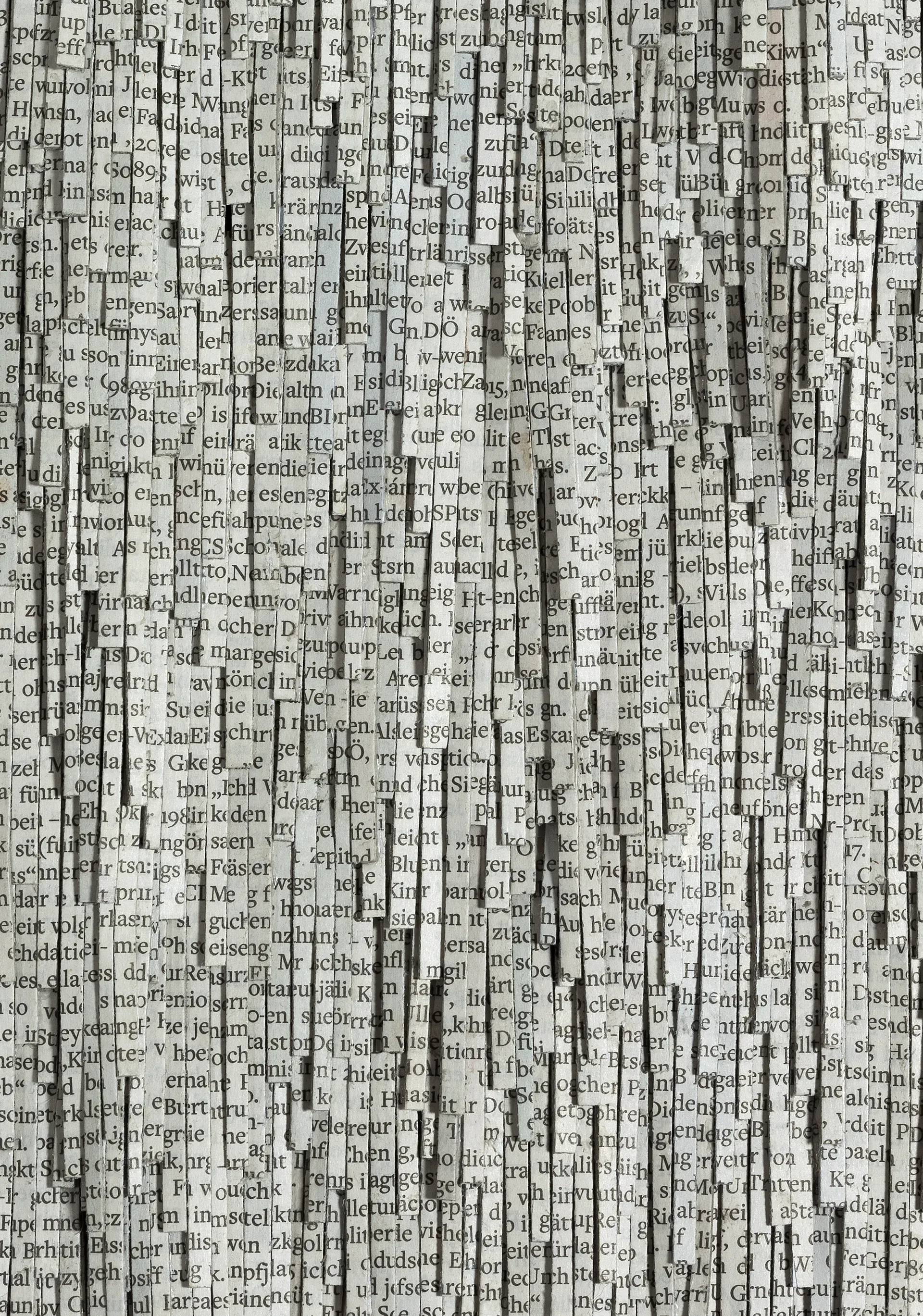 Reliefcollage aus WELT-Schriftausschnitten; schmale Streifen bilden ein dichtes Textfeld.(Detailansicht)