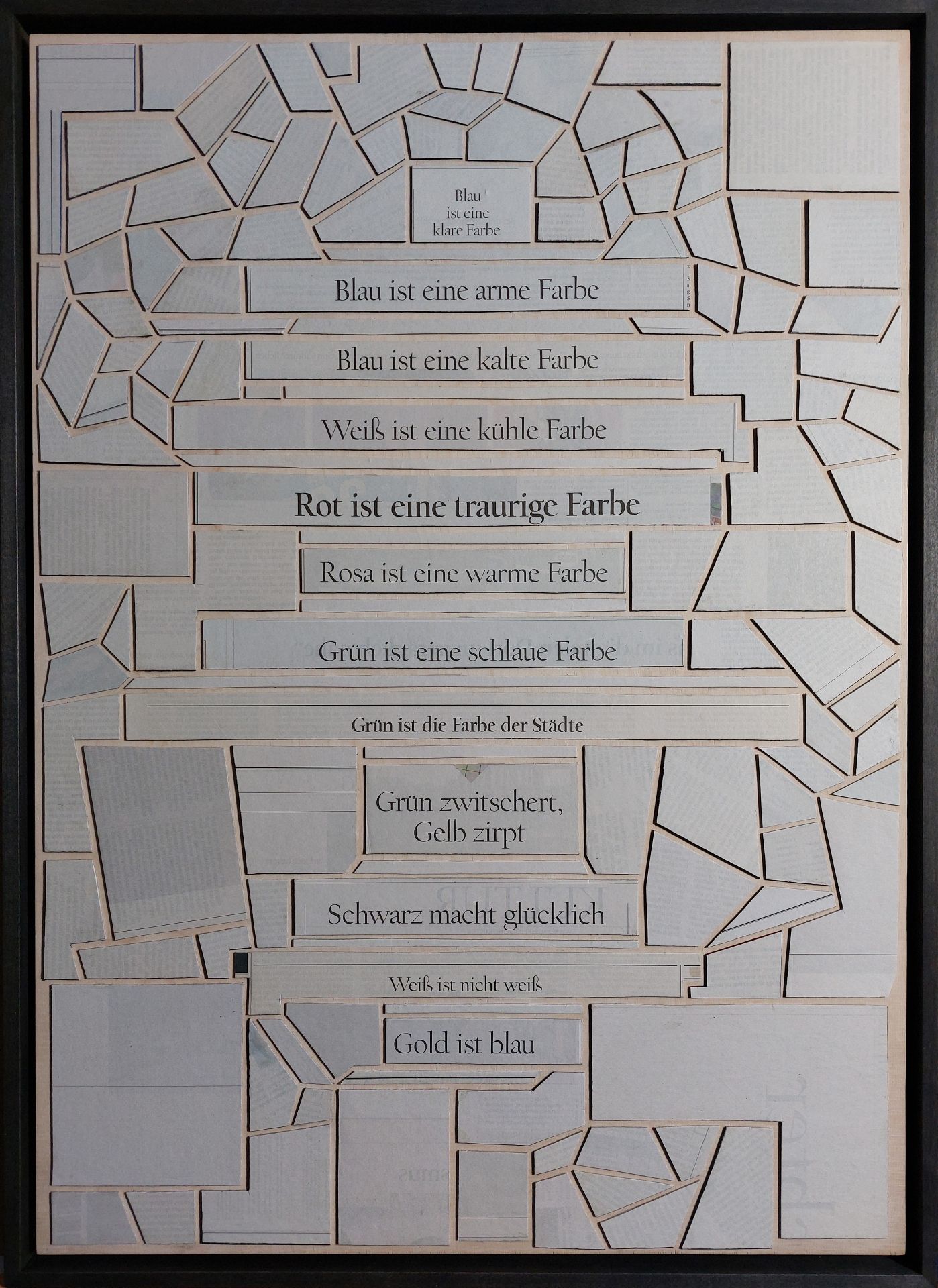 „Farbbildgedicht“ – gedichtete Zeitungscollage aus Tagesspiegel-Ausschnitten.