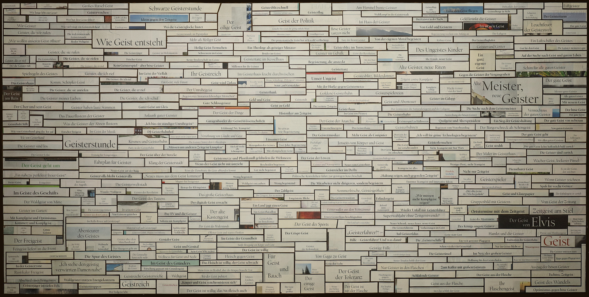 Geisterbild – Wortcollage aus Tagesspiegel-Fragmenten; serielles Textfeld, 125 × 250 cm (2022)
