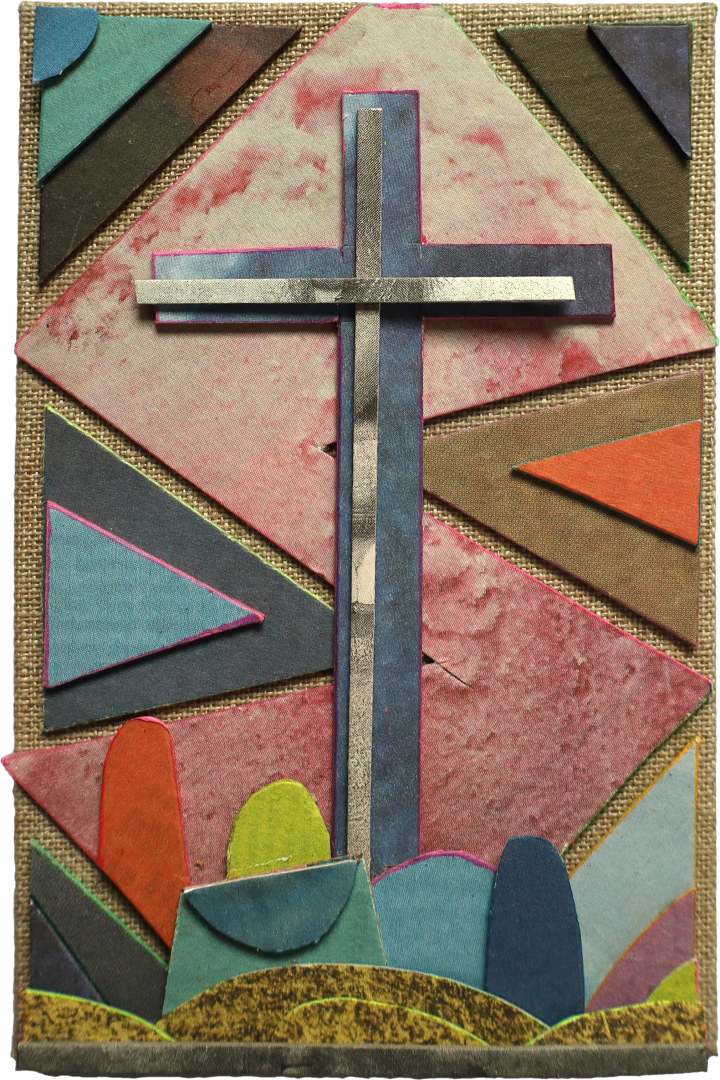 Kleine Kreuzcollage aus Zeitungspapier von Carsten Schneider.