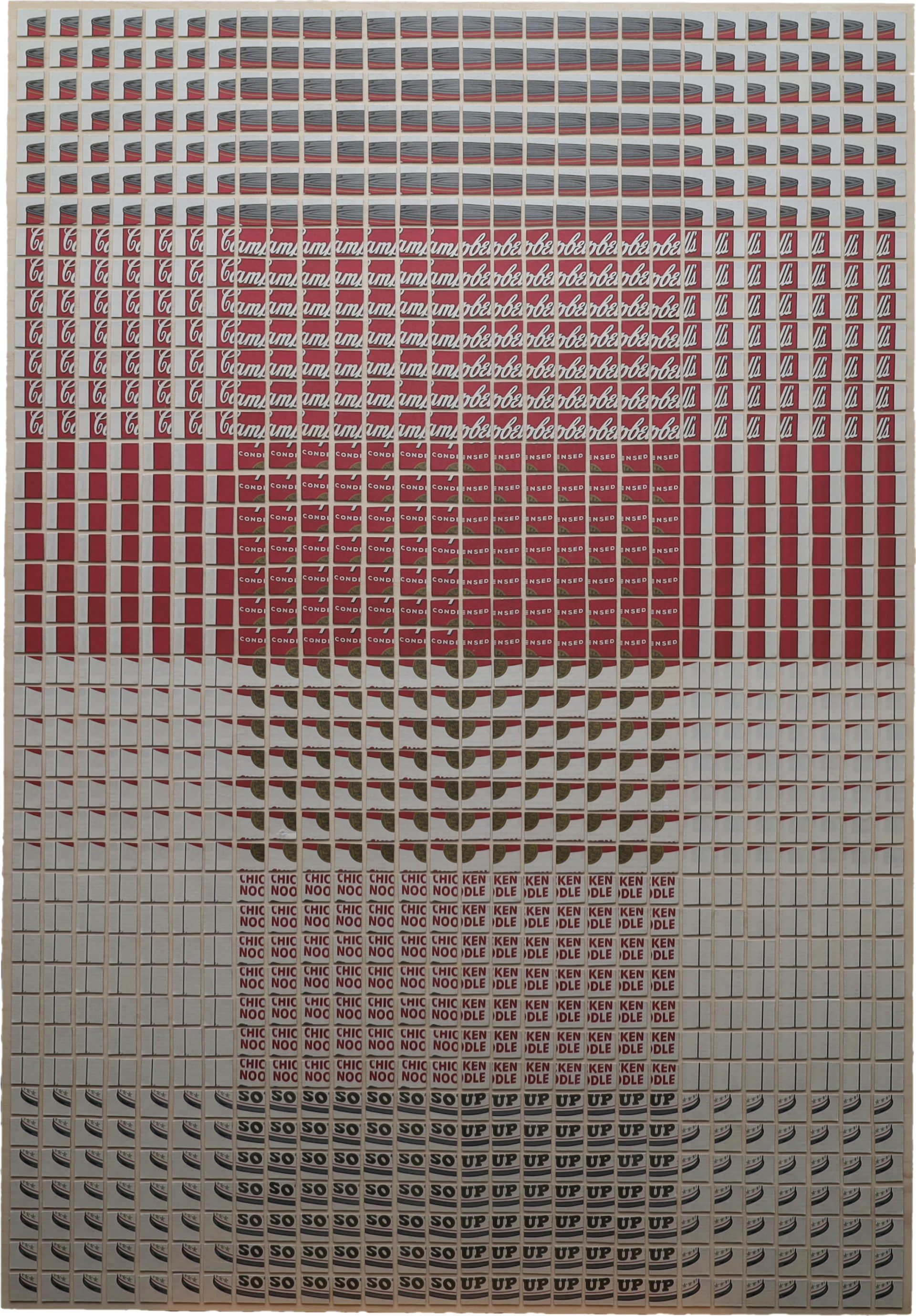 Zerschnittene Warhol-Dosen neu zusammengesetzt. Canner can can a can. Collage von Carsten Schneider. 2023