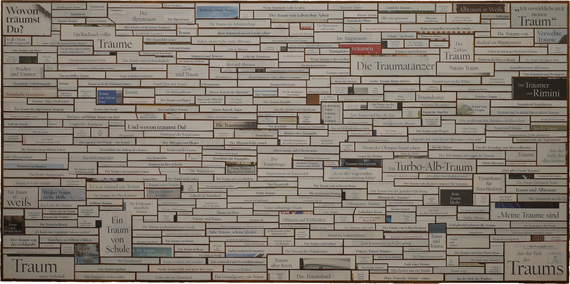 Traumbild. Zeitungscollage (Tagesspiegel) aus hunderten Überschriften mit dem Wort Traum. Von Carsten Schneider