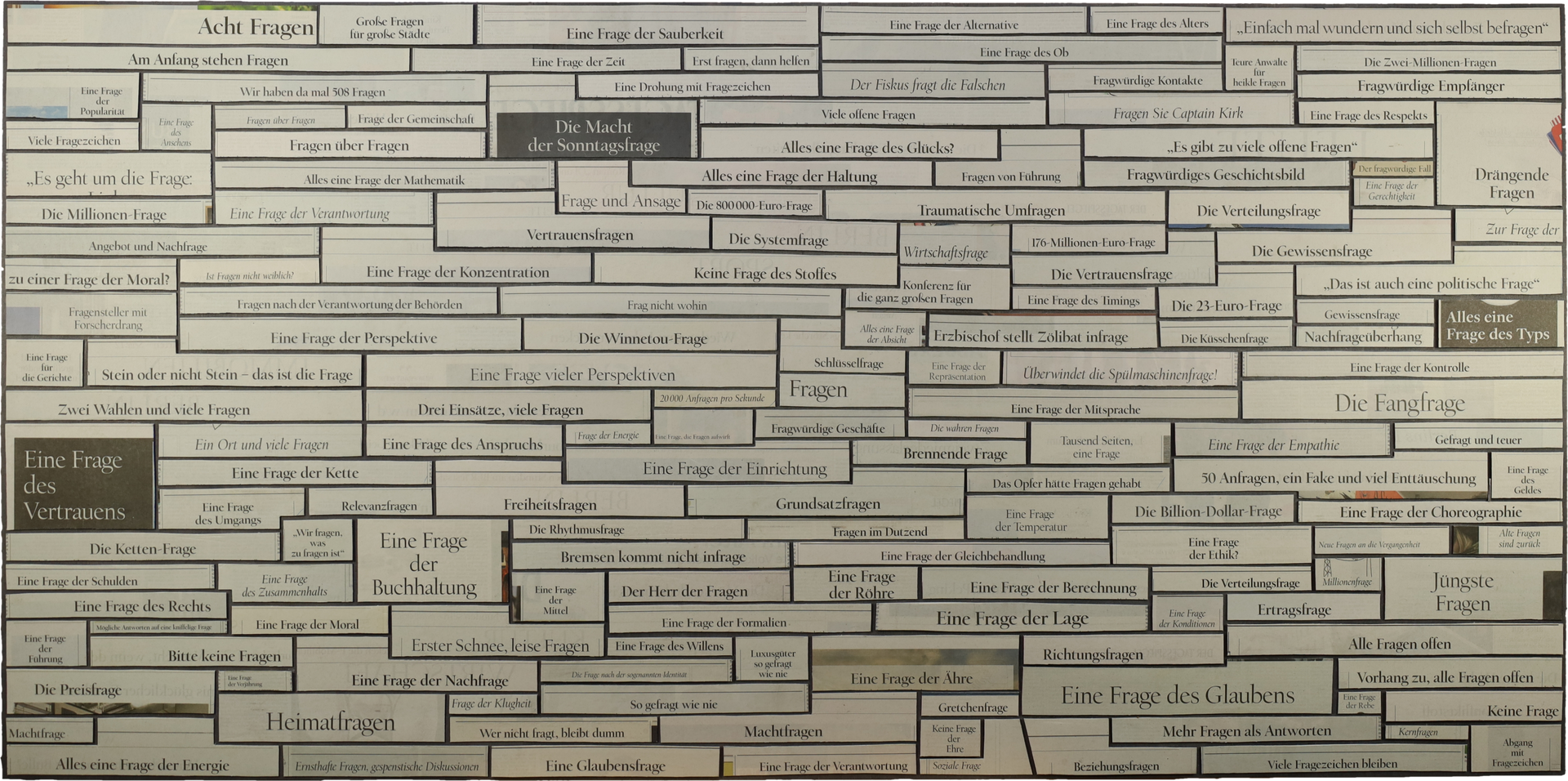 Geisterbild. Zeitungscollage von Carsten Schneider zeigt hunderte Überschriften mit dem Wort Geist.