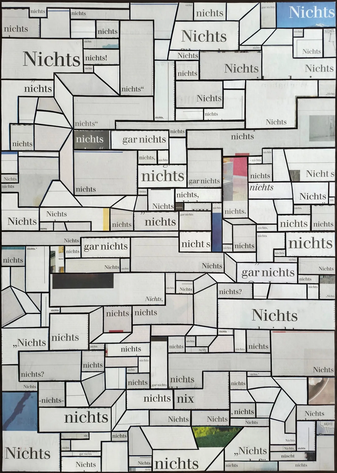 Zeitungscollage aus „Nichts“-Fundstellen und Weißflächen der Berliner Zeitung.