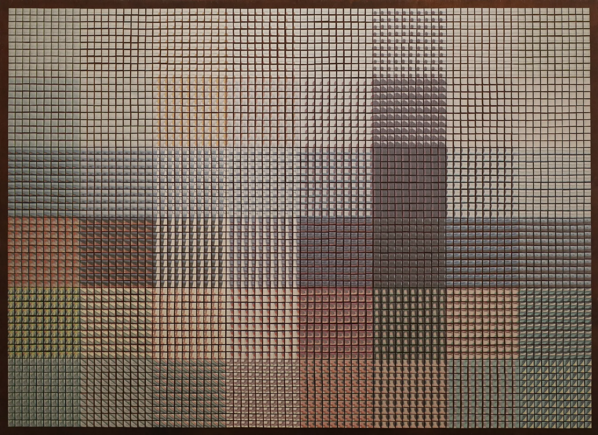 Mosaikcollage nach Edvard Munchs Gemälde „To Mennesker / De Ensomme“, aus kleinteiligen Zeitungsquadraten zusammengesetzt.