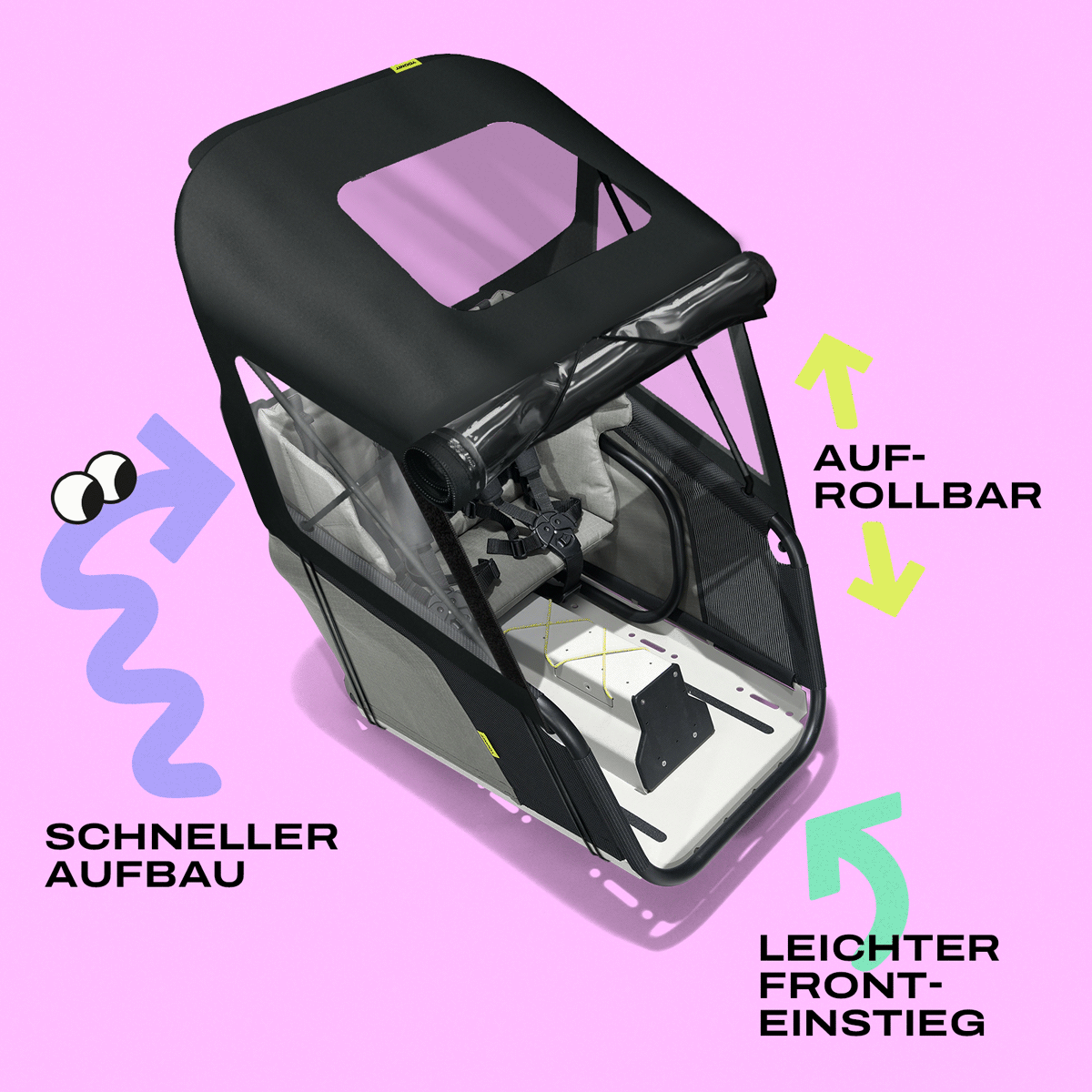Animierte gif, die den Öffnungs- und Schließmechanismus des Family Up Carriers darstellt. Der Family Up Carrier ist eine Ausstattungsoption des YOONIT E-Bikes, um 2 Kinder sicher und komfortabel vor dem Lenker zu transportieren.