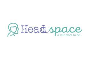Headspace logo with graphic of a head with heart inside it, and strapline 'a safe place to be...'