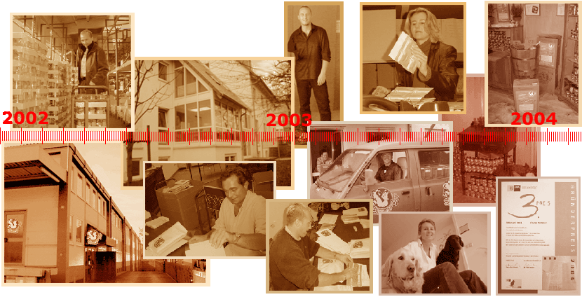 Das Bild zeigt historische Fotos aus der Gründerzeit von Dinner for Dogs