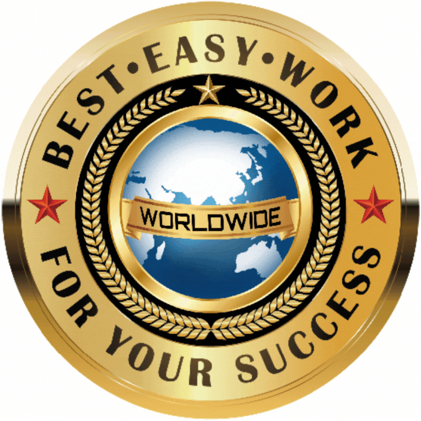 Gold seal emblem with a globe icon and the motto “Easy Work for Your Success