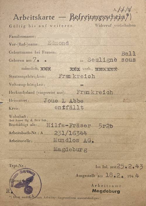 Carte de travail Arbeitskarte