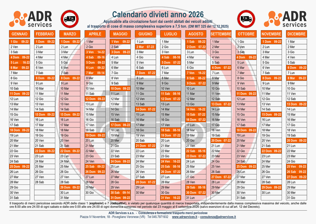 CALENDARIO DIVIETI DI CIRCOLAZIONE Calendario dei divieti di circolazione per i mezzi pesanti - 2026