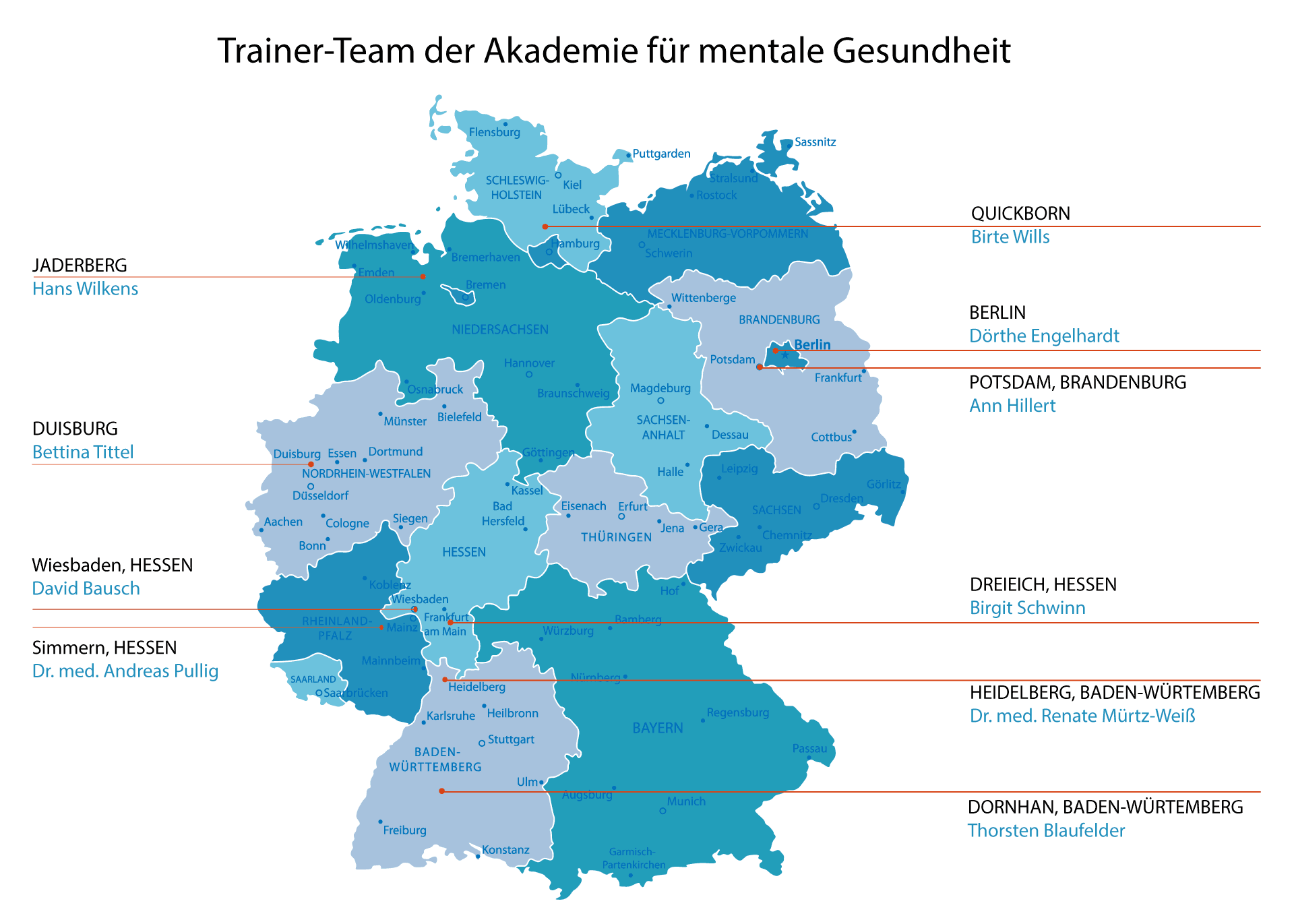 Deutschlandkarte: Trainer-Team der Akademie für mentale Gesundheit