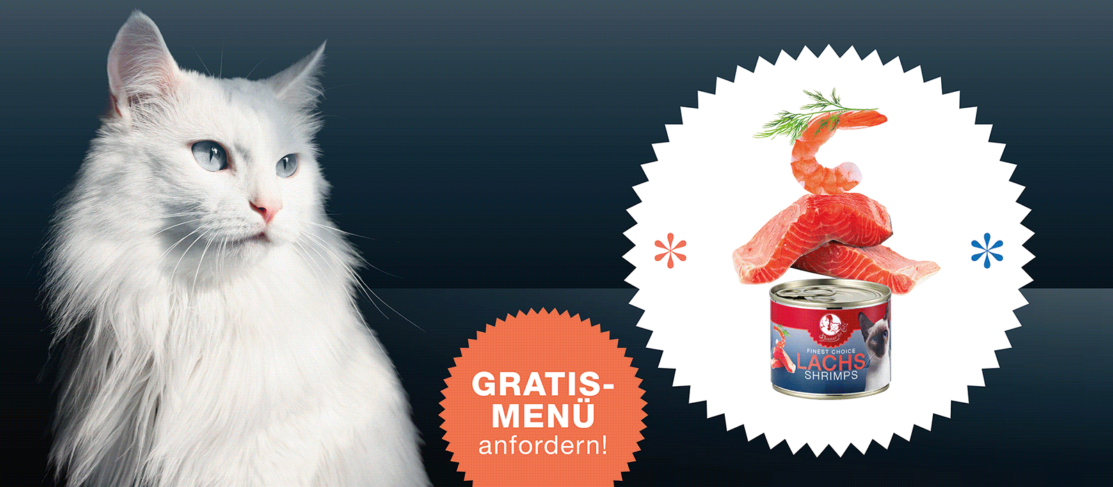 Das Bild zeigt einen Werbebanner von Dinner for Cats mit der Aufforderung Gratisprobe bestellen!